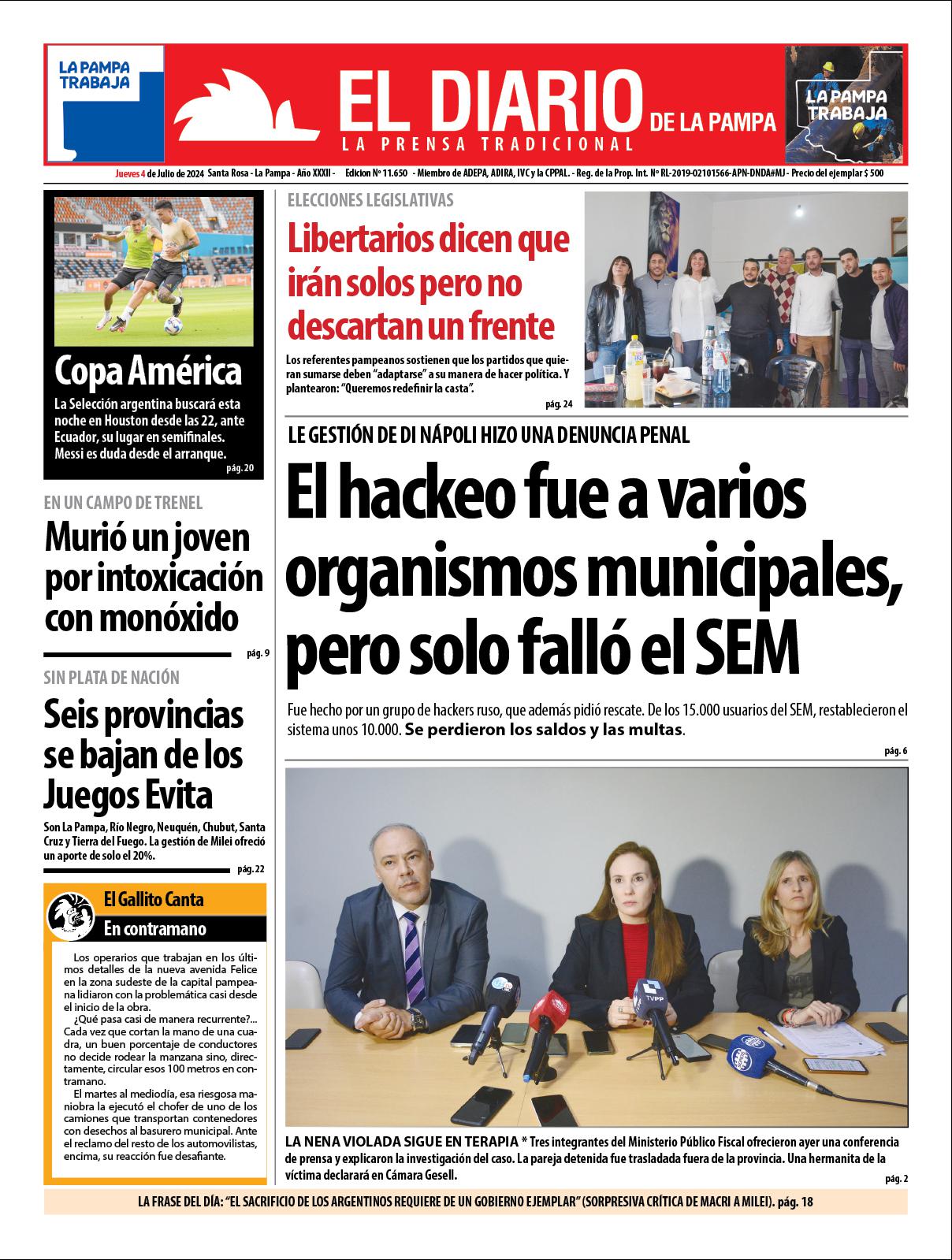 Tapa de El Diario en papel  jueves 04 de julio de 2024